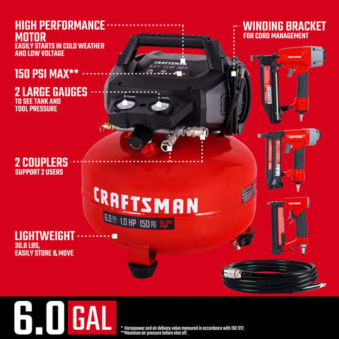 Craftsman 6 Gallon Pancake Air Compressor And 3 Piece Nail Gun Combo Kit With Oil Free Pump 25 Foot Hose Finish Brad Pin Nailer For Home Shop Projects Portable Lightweight Design