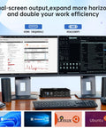 Dual-screen setup showcasing Fanless Industrial Mini PC Running Slick On Intel Core I5 With Windows 11 Pro packing 32GB RAM.