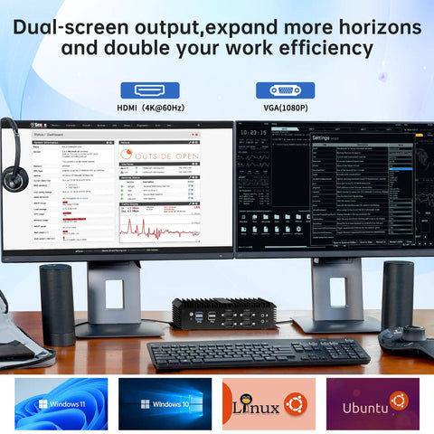 Dual-screen setup showcasing Fanless Industrial Mini PC Running Slick On Intel Core I5 With Windows 11 Pro packing 32GB RAM.