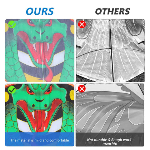 Comparison of Long Snake Kite With Gold Foil Printing And Extra Long Tail against other kites, showing material and workmanship differences.