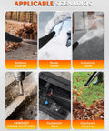 Different applications of Beast Power Handheld Gas Leaf Blower With 26cc Two Cycle Engine Delivers 180 MPH Air And 380 CFM, for leaves, snow, dust, sawdust, computer cleaning, and courtyard tidy-up.