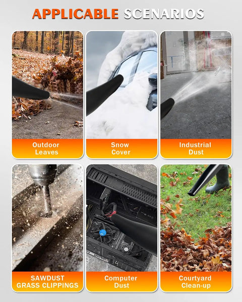 Different applications of Beast Power Handheld Gas Leaf Blower With 26cc Two Cycle Engine Delivers 180 MPH Air And 380 CFM, for leaves, snow, dust, sawdust, computer cleaning, and courtyard tidy-up.