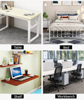 Collage showing a table, bed, shelf, and workbench, highlighting versatile uses of 8 Pack Beefy Locking Hinge For Folding Table Brackets With Screws.