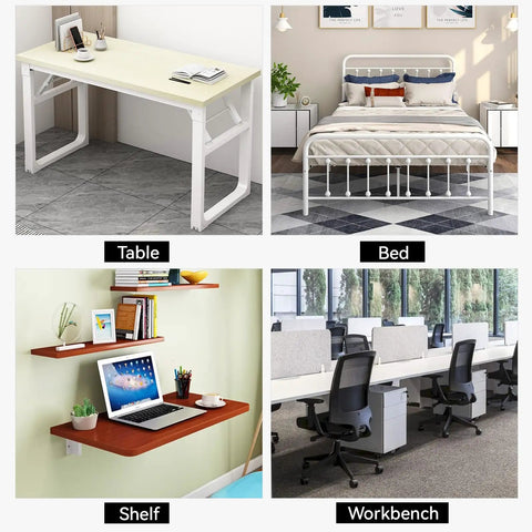 Collage showing a table, bed, shelf, and workbench, highlighting versatile uses of 8 Pack Beefy Locking Hinge For Folding Table Brackets With Screws.