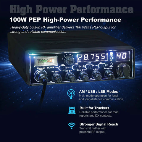 10 Meter Amateur Radio Transceiver With 100W PEP High Output For AM And SSB, Heavy Duty RF Amplifier, displaying LED panel