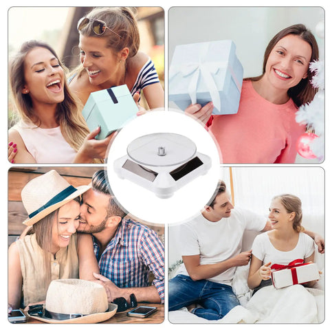 Ipetboom Battery Free Rotating Display Stand Electric Jewelry Showcase Solar Powered Turntable For Phone Camera Watch And Small Accents on a light background with people unwrapping gifts.