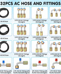 Auto AC Hose And Fitting Kit 32 Pc Set With 6 8 10 Size Hoses And Line Adapters, 6.5 Ft Length, R134a Valve, 28 Aluminum Fittings