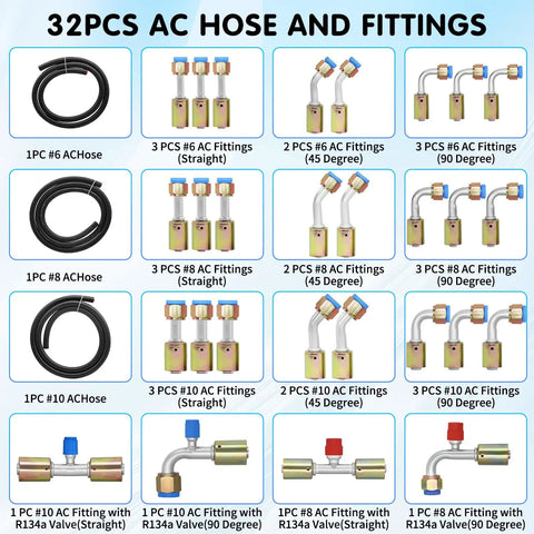 Auto AC Hose And Fitting Kit 32 Pc Set With 6 8 10 Size Hoses And Line Adapters, 6.5 Ft Length, R134a Valve, 28 Aluminum Fittings