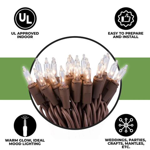 Clear Mini Christmas String Lights On Brown Wire UL Approved For Indoor Use Only Twenty Lights With Three Inch Spacing