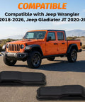 Hood Stop Bumpers and Windshield Rest Kit For Quiet Hood Stability And Hood Flutter Fix With Rattle Free Driving OE Spec Replacement 68307300AC 2 Pieces displayed with orange Jeep on road