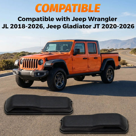 Hood Stop Bumpers and Windshield Rest Kit For Quiet Hood Stability And Hood Flutter Fix With Rattle Free Driving OE Spec Replacement 68307300AC 2 Pieces displayed with orange Jeep on road