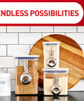 Kitchen storage containers with scoops next to wooden cutting board, showcasing Clear Small Wire Toggle Hooks Set With 40 Hooks And 48 Adhesive Strips.