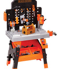 Kids Power Tools Workshop Bench With 75 Realistic Tools, Lights And Sounds showing an orange and black toy bench with tools and accessories.