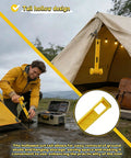 Camping Tent Stake Hammer With Puller Ultralight Nine Point Eight Four Inch Mallet Yellow PE Plastic Handle next to tent