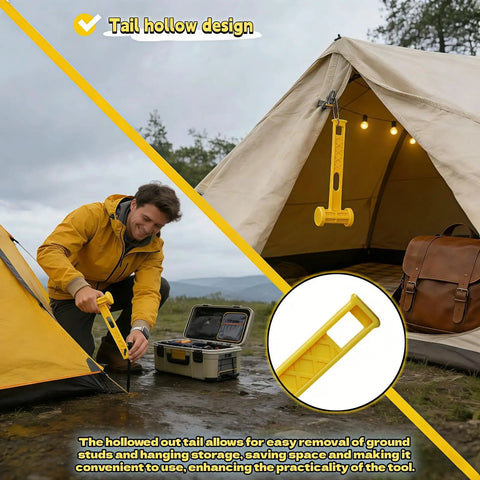 Camping Tent Stake Hammer With Puller Ultralight Nine Point Eight Four Inch Mallet Yellow PE Plastic Handle next to tent