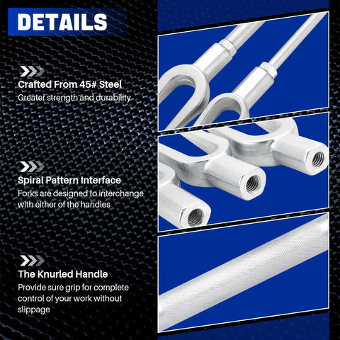 Close-up of Five Piece Ball Joint Separator Tool Set With Interchangeable Forks For Quick Removal Of Ball Joints Tie Rods And Pitman Arms On Cars And Light Trucks Garage Grade Heavy Duty Work With High Carbon Steel Construction showing steel construction and knurled handle details.