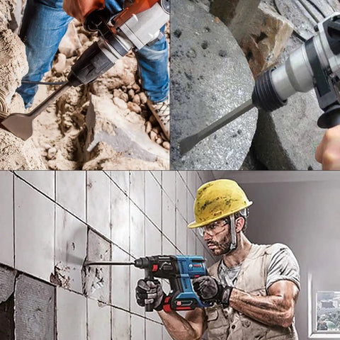 Collage of SDS Plus Chisel Bit Set for Hammer Drill in use on stone, masonry, and tile surfaces for demolition and drilling.