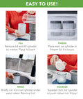 Steps showing Mini Ice Cylinder Squeeze And Release Set Of 2 in Gray used for making ice cubes; fill, freeze, rinse, squeeze.
