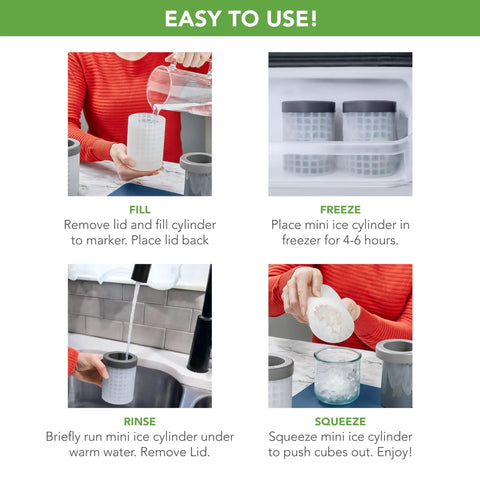 Steps showing Mini Ice Cylinder Squeeze And Release Set Of 2 in Gray used for making ice cubes; fill, freeze, rinse, squeeze.