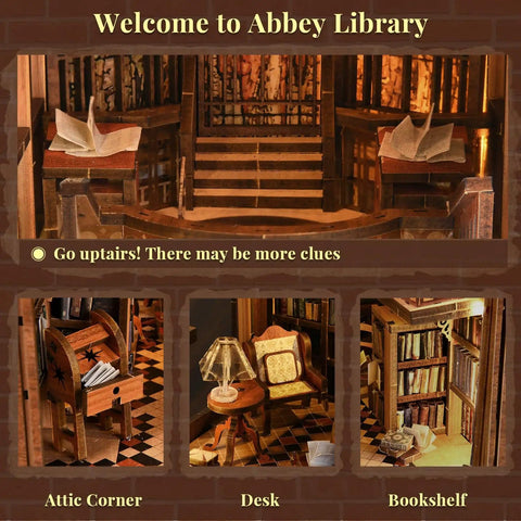 DIY Miniature Book Nook Kit With 3D Wooden Puzzle, LED Light Bookend Insert For Bookshelf Decor, Abbey Library Scene