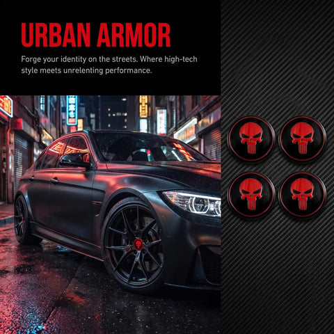 Four Pack Red Metal Skull Wheel Center Hub Cap Stickers Self Adhesive Waterproof Rim Covers Rugged Fits Trailer Grease And Bearing Dust Caps Straight Up Tough, displayed on black background next to a sleek car.