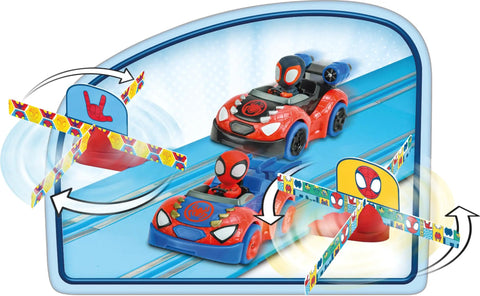 It's Spidey Time Slot Car Race Track Set With Spidey And Spin Cars Battery Powered Beginner Toy For Kids 3 And Up Realistic Remote Controlled Speed Action For Fearless Little Racers And Big Laughs showing two Spidey cars on the track with action indicators