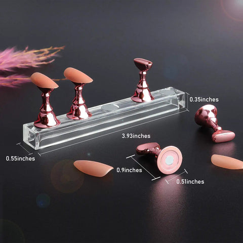 2 Sets Pink Nail Stands For Press On Nails Display With Magnetic Nail Holders, showing dimensions and detachable parts.