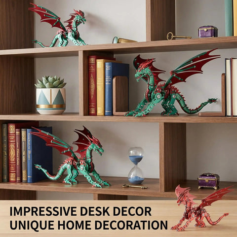 3D Metal Dragon Puzzle Kit For Adults High Detail Mechanical Model on a wooden shelf with books and decor