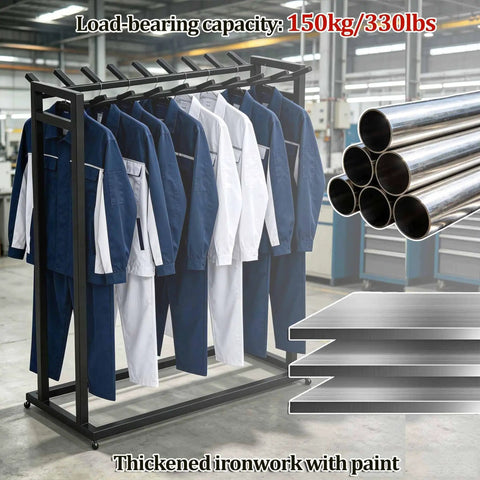 Heavy Duty Double Row Rolling Garment Rack With Twenty Bars For Life Vests And Wetsuits Ventilated Drying Shelf displaying wet suits.