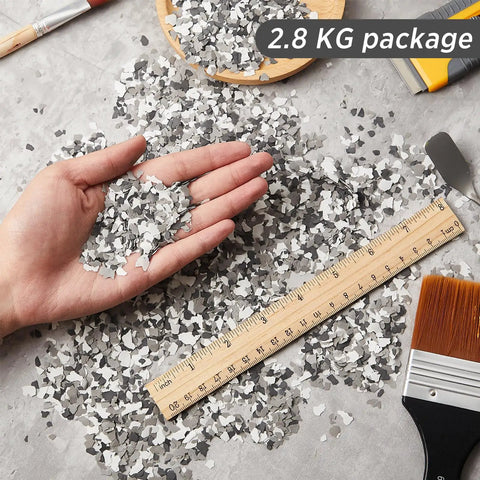 Hand holding One Pack 2.8 Kg Decorative Epoxy Color Flakes DIY Friendly For Garage Floors And Concrete Coatings Blended Paint Chips