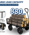 Heavy Duty Garden Cart With 880 Lbs Load Capacity, 4 Cu Ft Removable Sides, carrying logs and showing metal mesh detail