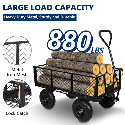 Heavy Duty Garden Cart With 880 Lbs Load Capacity, 4 Cu Ft Removable Sides, carrying logs and showing metal mesh detail