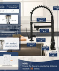 GIMILI Matte Black Commercial Kitchen Faucet with Pull Down Sprayer dimensions and specifications diagram on a kitchen counter.