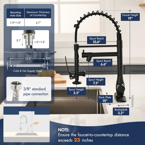 GIMILI Matte Black Commercial Kitchen Faucet with Pull Down Sprayer dimensions and specifications diagram on a kitchen counter.