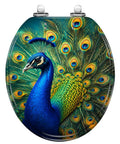 Round Vivid Peacock Colorful Plumage Display Detailed Artwork Toilet Seat with vibrant peacock design on sturdy resin.