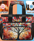 Insulated Picnic Backpack Lunch Bag For Women And Men Colorful Trees Design with cooling and warming icons, front view.