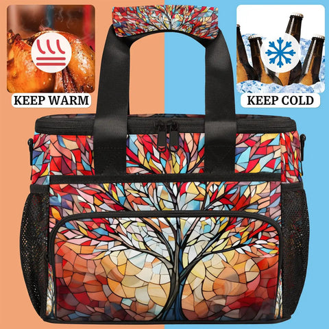 Insulated Picnic Backpack Lunch Bag For Women And Men Colorful Trees Design with cooling and warming icons, front view.