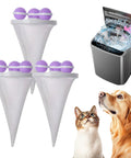 Floating Hair Filter Mesh for Washing Machine, pack of 3 with purple top next to washer, dog, and cat, no more hair clogs.