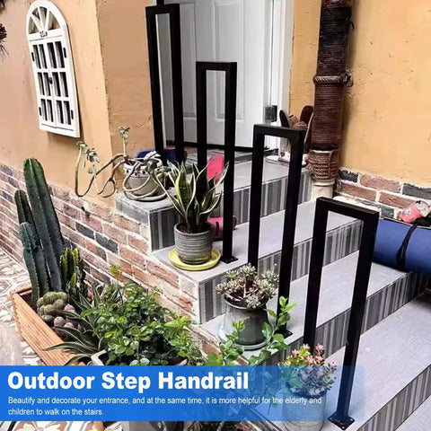 Slick Matte Black U Shaped Stair Handrails Set Of Two Built Tough For Indoor Outdoor Use Industrial Wrought Iron Wall Mount Safety Grab Bar That Just Looks Dang Fine On Your Porch Project, featuring outdoor stair handrails and potted plants.