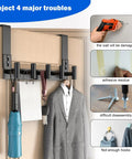 Over The Door Hooks 5 Pack Black T Hooks Coat Rack Organizer For Bathroom Towel Holder No Fuss Mount Fits Doors Up To One And Three Quarters Inches Thick Easy Install shown installed on a door holding clothes and accessories