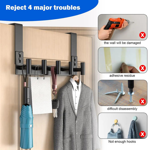 Over The Door Hooks 5 Pack Black T Hooks Coat Rack Organizer For Bathroom Towel Holder No Fuss Mount Fits Doors Up To One And Three Quarters Inches Thick Easy Install shown installed on a door holding clothes and accessories