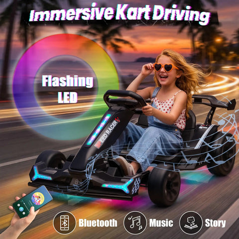 Electric Drift Go Kart For Kids 6 And Up With 24V 800W Power And 8.2 MPH Top Speed, EVA Tires, Metal Frame, Adjustable Seat in action with lit rainbow lights and Bluetooth feature