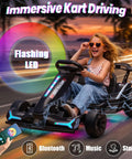 Child riding Electric Drifting Kart 24V With 800W Twin Motors, 10Ah Battery, Outdoor Ride On Toy with flashing rainbow LED lights