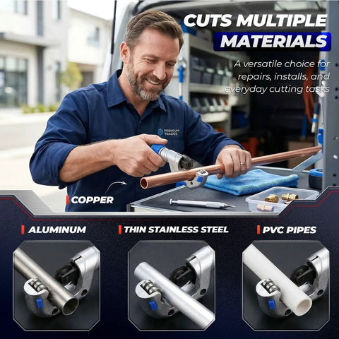 Plumber using Heavy Duty Copper Pipe Cutter Set With Mini Tube Cutter For Quarter Inch To Two Inch Copper PVC Aluminum Brass Metal Tubing Tools For Home DIY Repairs And Everyday Plumbing Projects