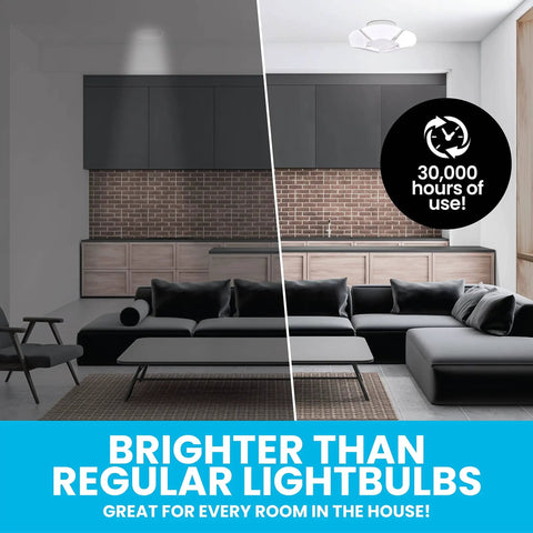 Split view of living room with Hex Bulb 144 LED E26 Garage Light Six Panel Deformable Shop Ceiling Light for brighter illumination.
