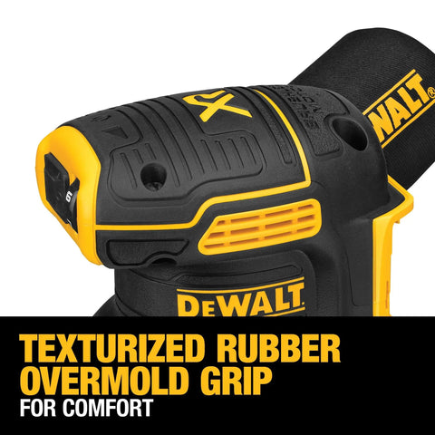 Close-up of 20V Max Brushless Orbital Sander Tool Only With Variable Speed Control 8000 To 12000 OPM showing rubber grip