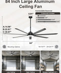 Diagram of Beefy 84 Inch Industrial Ceiling Fan With Lights, 11000 CFM High Air Flow for warehouses, showing dimensions and mounting options.
