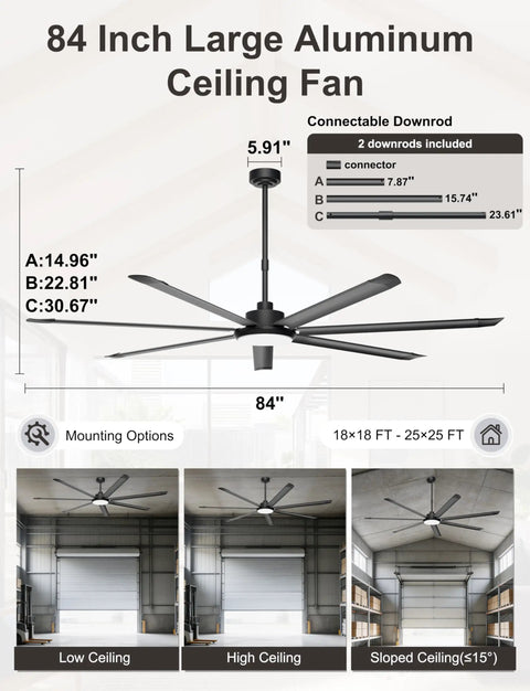 Diagram of Beefy 84 Inch Industrial Ceiling Fan With Lights, 11000 CFM High Air Flow for warehouses, showing dimensions and mounting options.