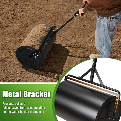 24 Inch Compost Spreader And 23 Gallon Lawn Roller 2 In 1 Combo Kit with Shared Mounting Frame in use on lawn