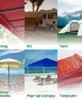 Waterproof Self Adhesive Patch Repair Tape Kit For Awnings Outdoor Canopies Tents RVs Canvas And Boat Covers displayed on various outdoor settings including awning, RV, tent, umbrella, canopy, and tarpaulin.